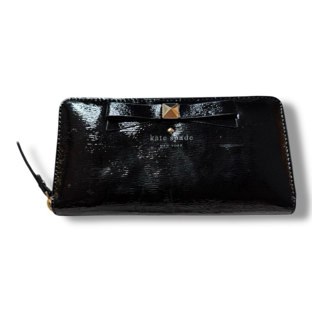 kate spade Black Patent Leather Bow Zip Wallet with Gold Accent